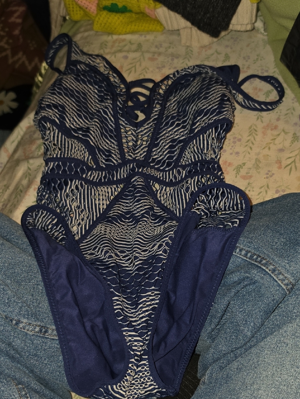 BECCA Navy Blue Lace-Trim One-Piece Swimsuit